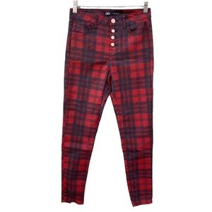 Zara Mid Rise Skinny Red Tartan Plaid Button Fly Pants Sz 2 Waxed